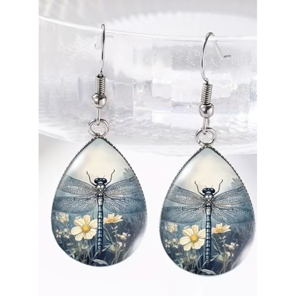 glass teardrop dangle dragonfly animal botanical blue white summer earrings